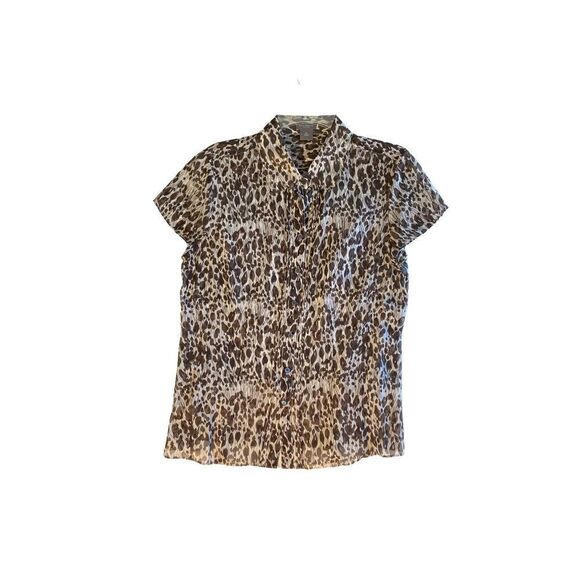 Ann Taylor women’s 100% silk brown and tan sheer abstract, print blouse SP - Picture 2 of 4